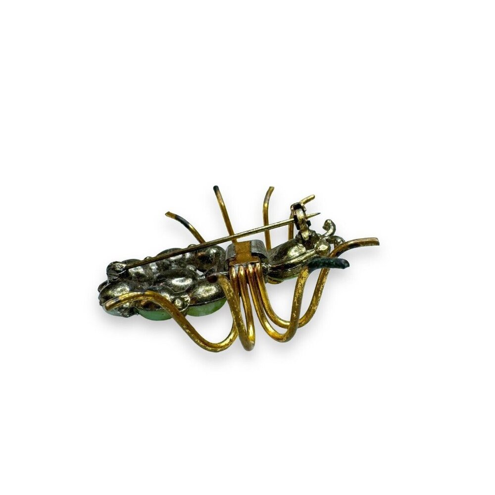 Art Nouveau Jadeite Brass Spider Brooch Green Crystal - Picture 7 of 16